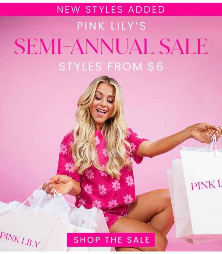 Happy woman in pink floral outfit holding Pink Lily shopping bags for semi-annual sale styles from $6