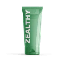 Green cosmetic tube with ZEALTHY branding on plain white background