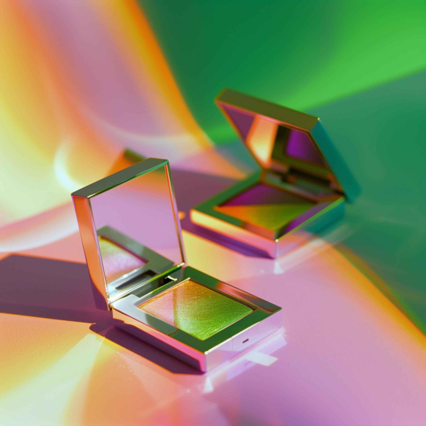 Open square eyeshadow compacts with green shimmer on colorful reflective background