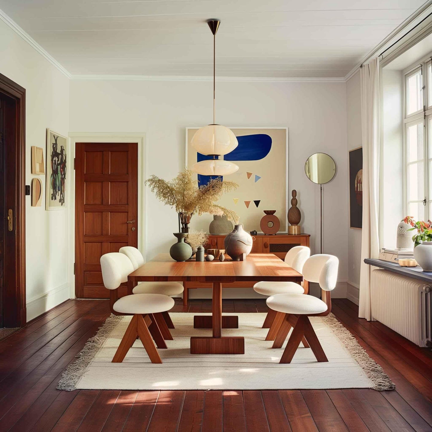 Modern dining room with wooden table, six white padded chairs, decorative vases, abstract art, and large windows