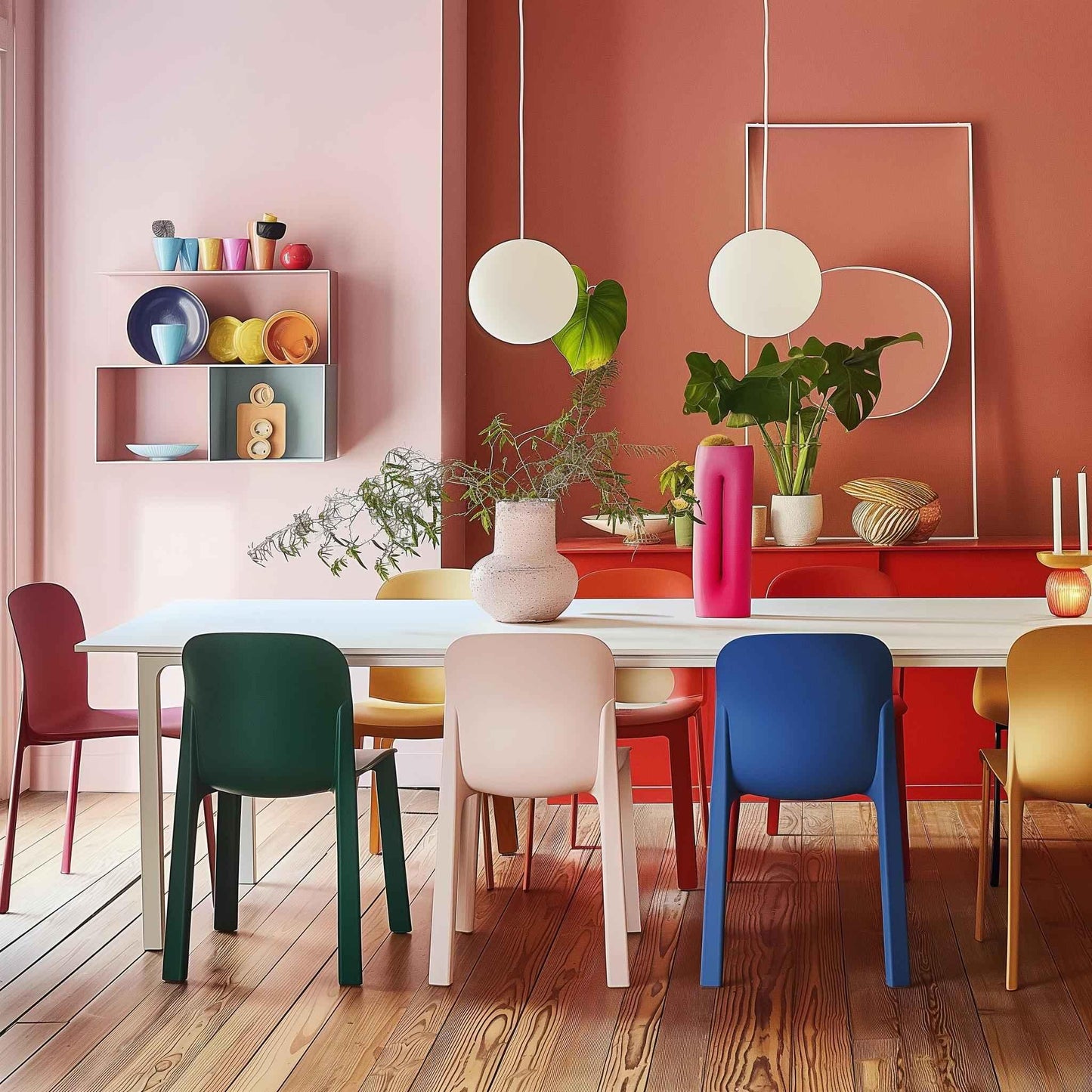 Modern dining room with multicolored chairs, white table, pink and terracotta walls, and decorative plants