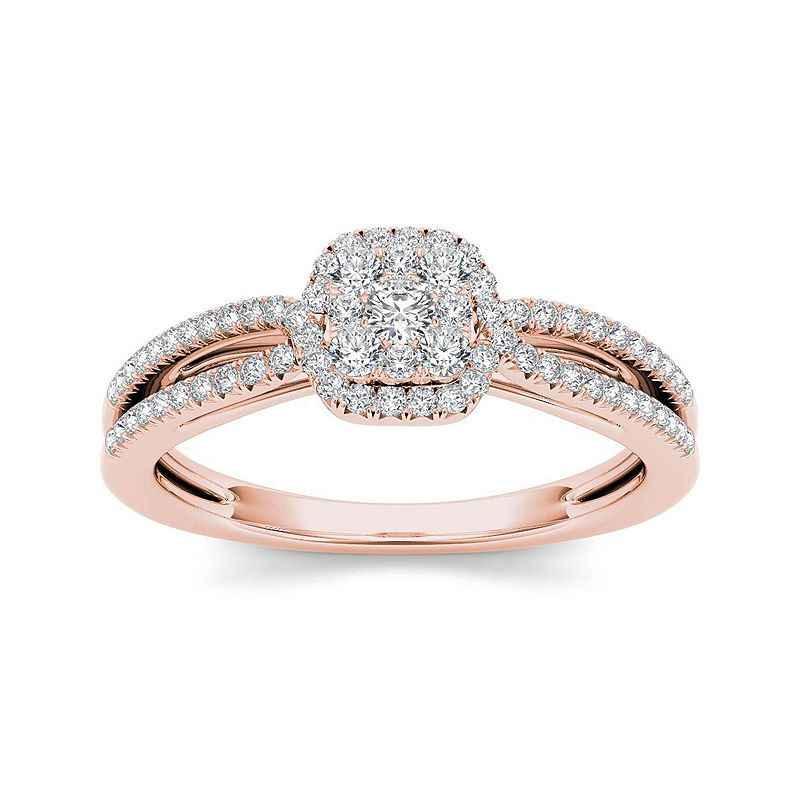 Rose gold diamond engagement ring with split shank and square halo setting