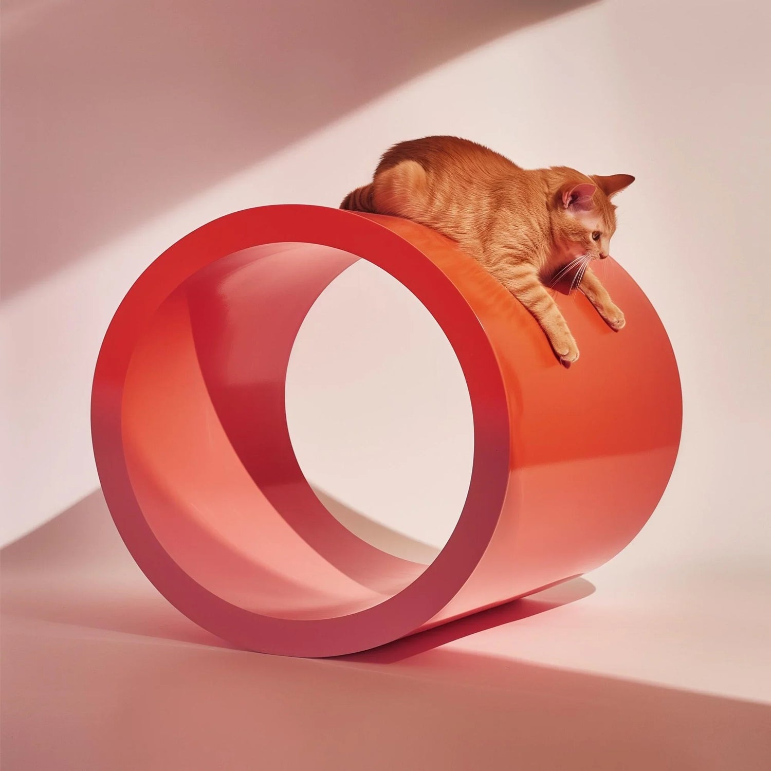 Orange tabby cat lying on a modern round red cat scratcher in soft lighting