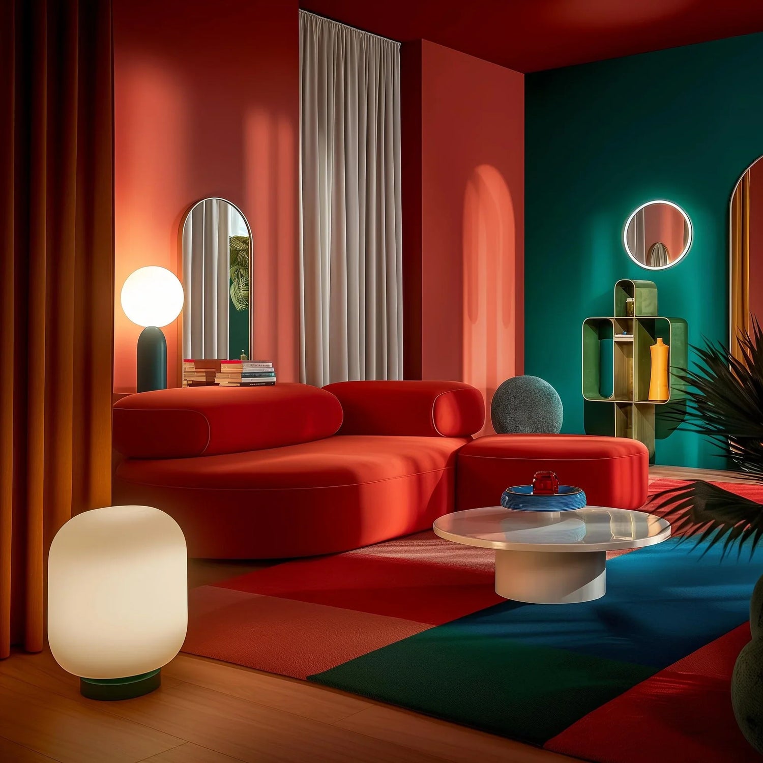 Bold modern living room with red sofa, round white coffee table, colorful rug, green wall shelf, and warm lighting