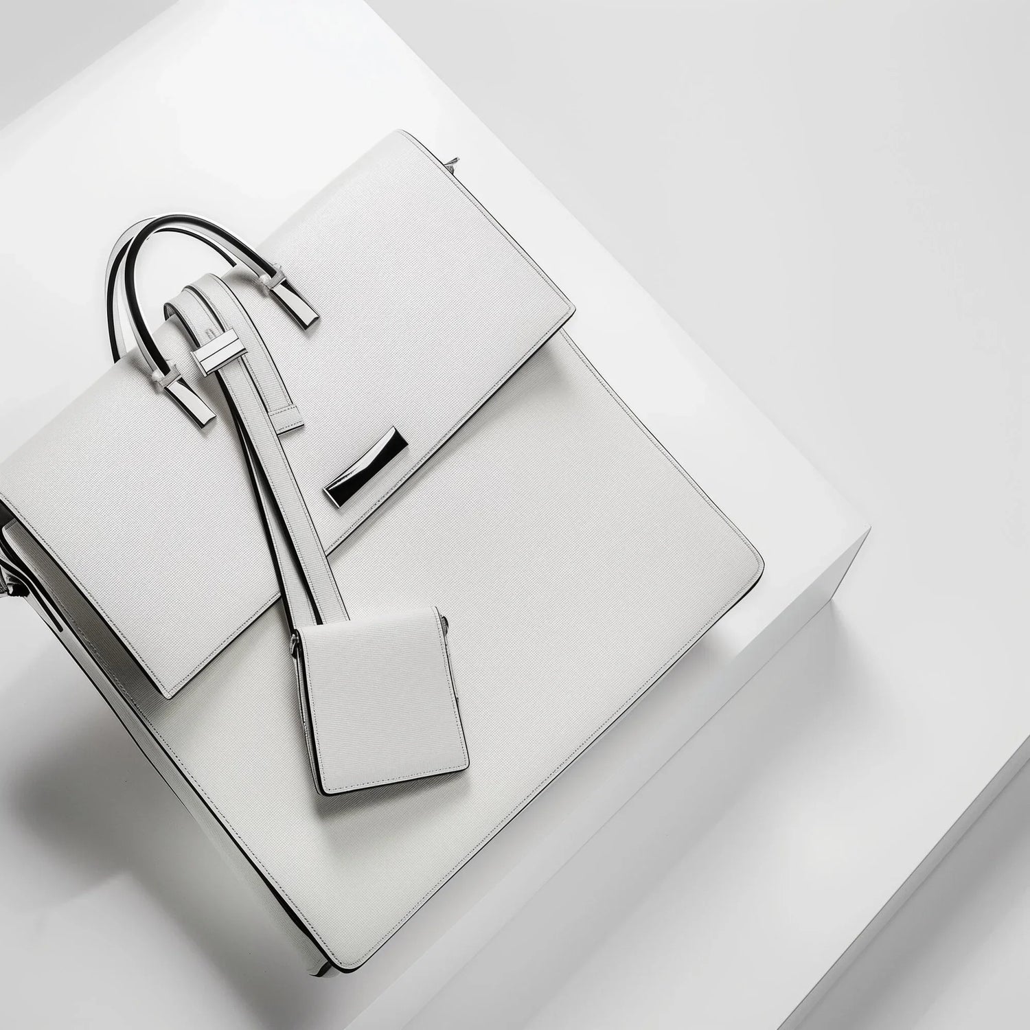 Minimalist white leather handbag with matching small pouch on white geometric platform