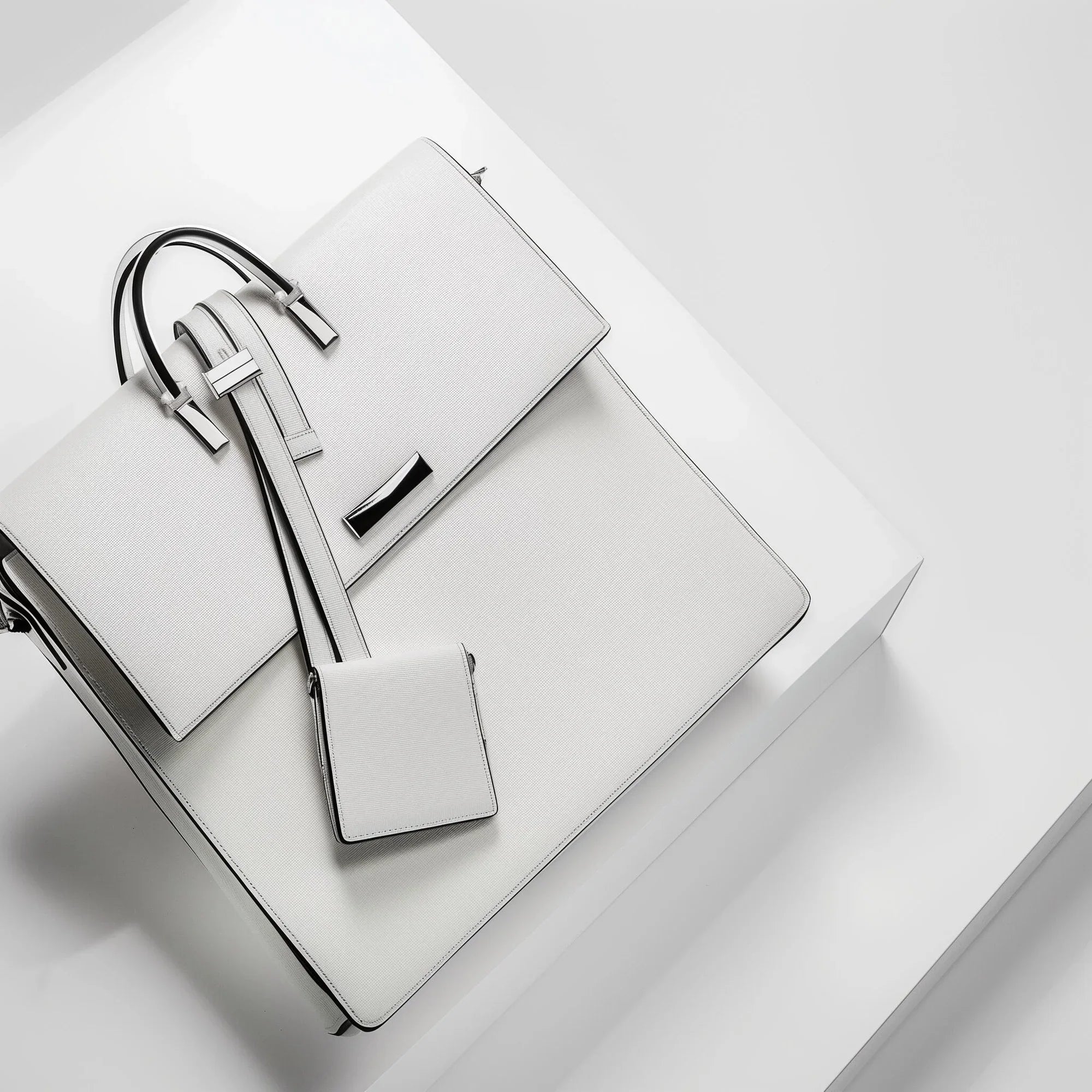 Minimalist white luggage and handbag set with sleek design on a white background, Élégance & Cie.