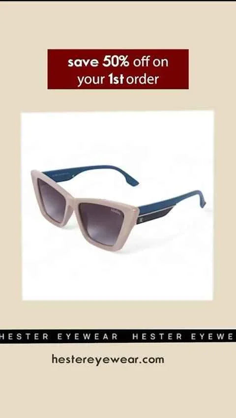 Stylish cat-eye sunglasses with beige frames and navy blue arms on white background, 50% off first order