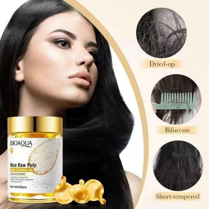 Woman with long shiny black hair next to Bioaqua Rice Raw Pulp hair oil for dry, split, and frizzy hair repair