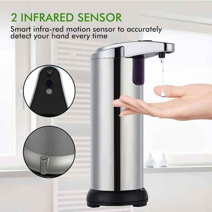 Automatic stainless steel soap dispenser with 2 infrared sensors releasing liquid soap onto hand