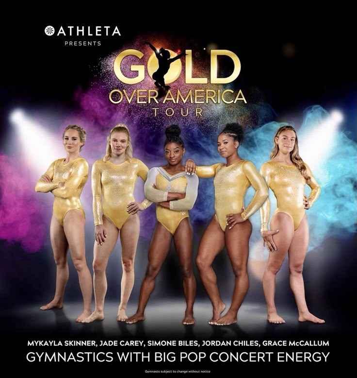 Five female gymnasts in gold leotards posing under spotlight for Athleta Gold Over America gymnastic tour