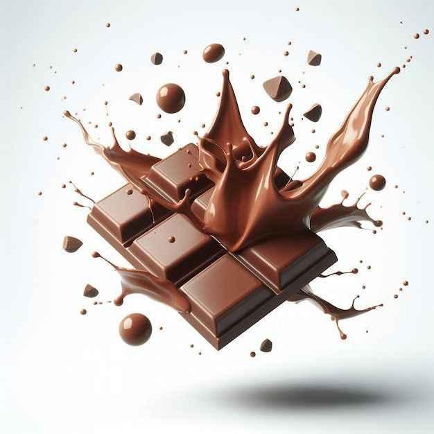 Milk chocolate bar with dynamic splash of melted chocolate and scattered chocolate pieces