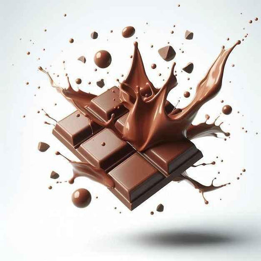 Milk chocolate bar with dynamic splash of melted chocolate and scattered chocolate pieces