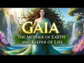 Illustration of Gaia, Mother of Earth, with flowing hair and green dress, surrounded by waterfalls and lush nature
