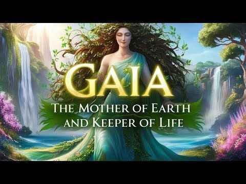 Illustration of Gaia, Mother of Earth, with flowing hair and green dress, surrounded by waterfalls and lush nature