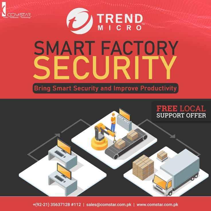 Trend Micro smart factory security ad with robotic arm, conveyor belt, boxes, and delivery truck