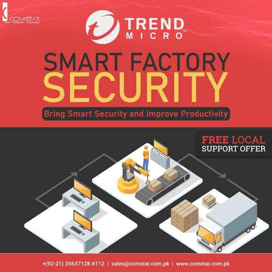 Trend Micro smart factory security ad with robotic arm, conveyor belt, boxes, and delivery truck