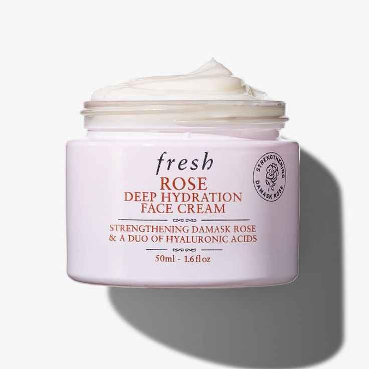 Fresh Rose Deep Hydration Face Cream jar with whipped texture, 50ml skincare product with Damask rose and hyaluronic acids