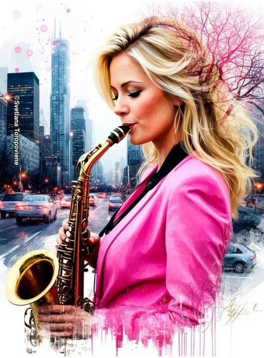 Blonde woman in pink blazer playing saxophone on city street with skyscrapers and traffic