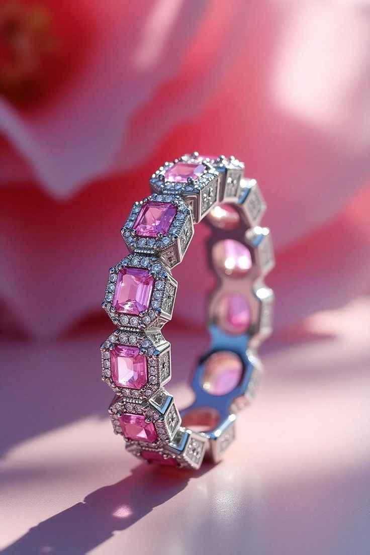 Silver ring with multiple pink square gemstones surrounded by small diamonds on pink background