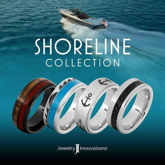 Shoreline Collection men's rings with nautical designs including wood, blue waves, anchors, and carbon fiber, on ocean background