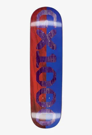 GX1000 skateboard deck with split veneer design in red and blue colors and bold GX1000 text