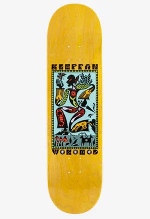 Yellow skateboard deck with vibrant abstract troll artwork and text 'Kleppan' and 'Vokone'