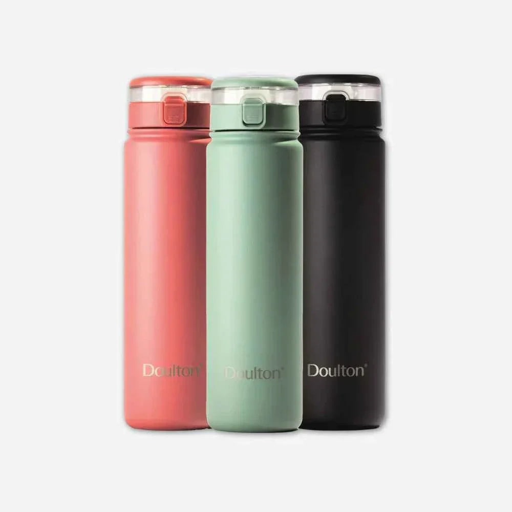 Three Doulton insulated water bottles in coral, mint green, and black colors with flip-top lids