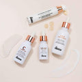 Dr. Brandt skincare products including retinol eye cream, brightening serum, dark spot corrector, and SPF 50 sunscreen on beige background