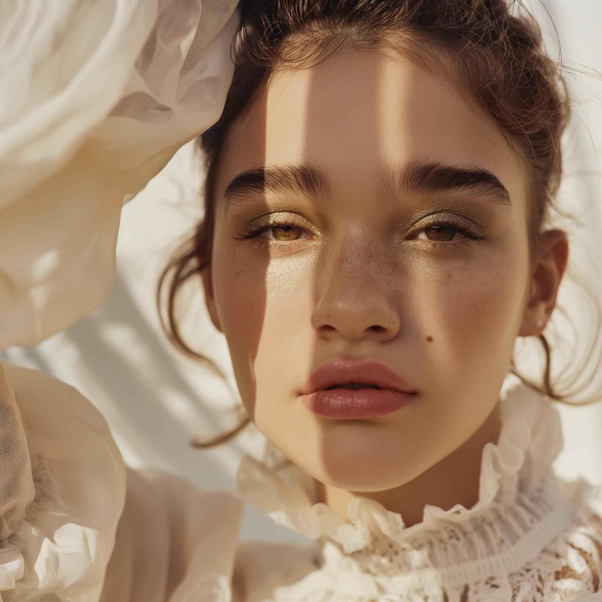 Close-up portrait of young woman with natural makeup, freckles, and soft sunlight shadows