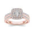 Rose gold engagement ring with cushion-shaped double halo diamonds and split shank diamond band