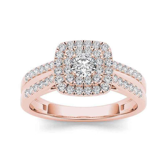 Rose gold engagement ring with cushion-shaped double halo diamonds and split shank diamond band
