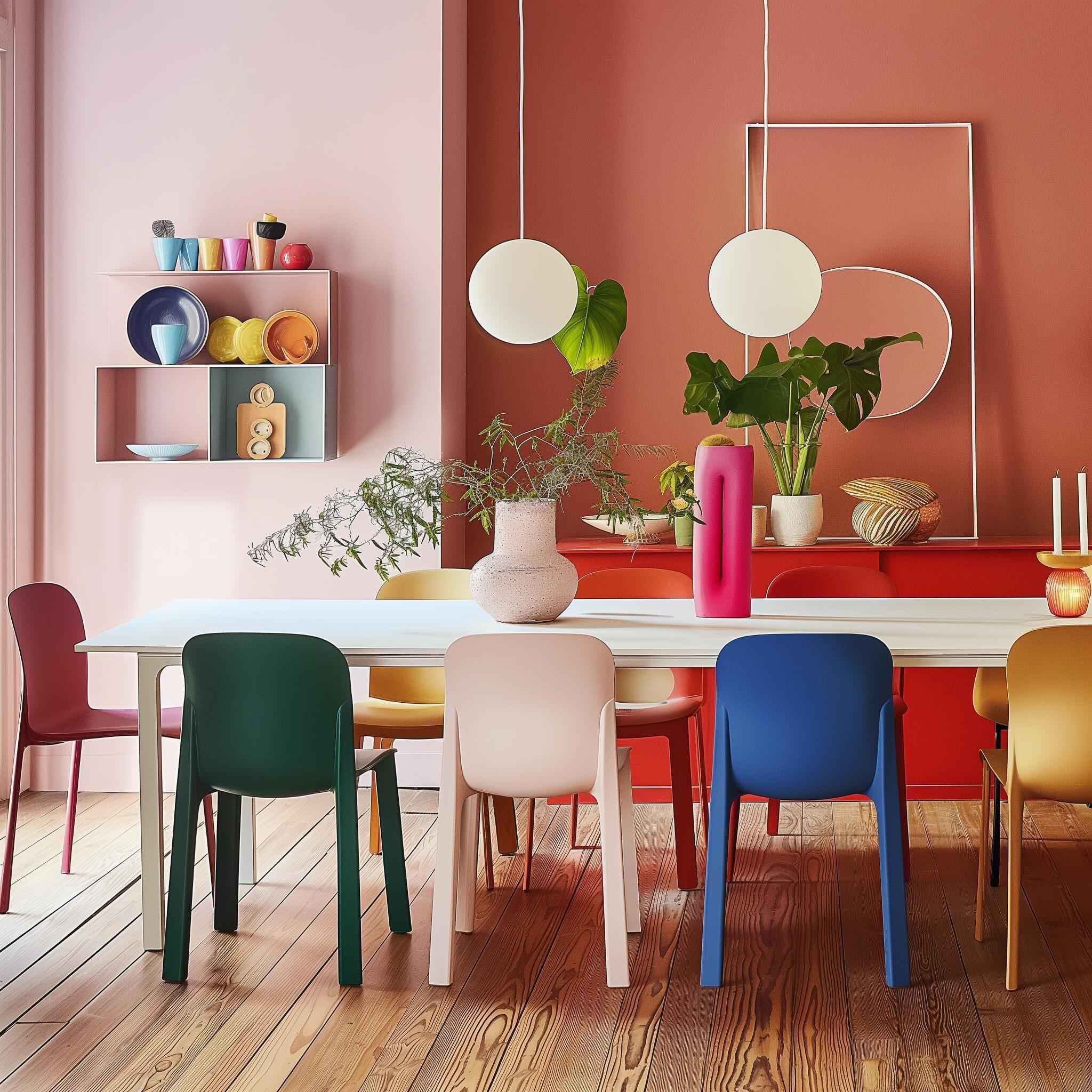 Modern dining room with multicolored chairs, white table, pink and terracotta walls, and decorative plants
