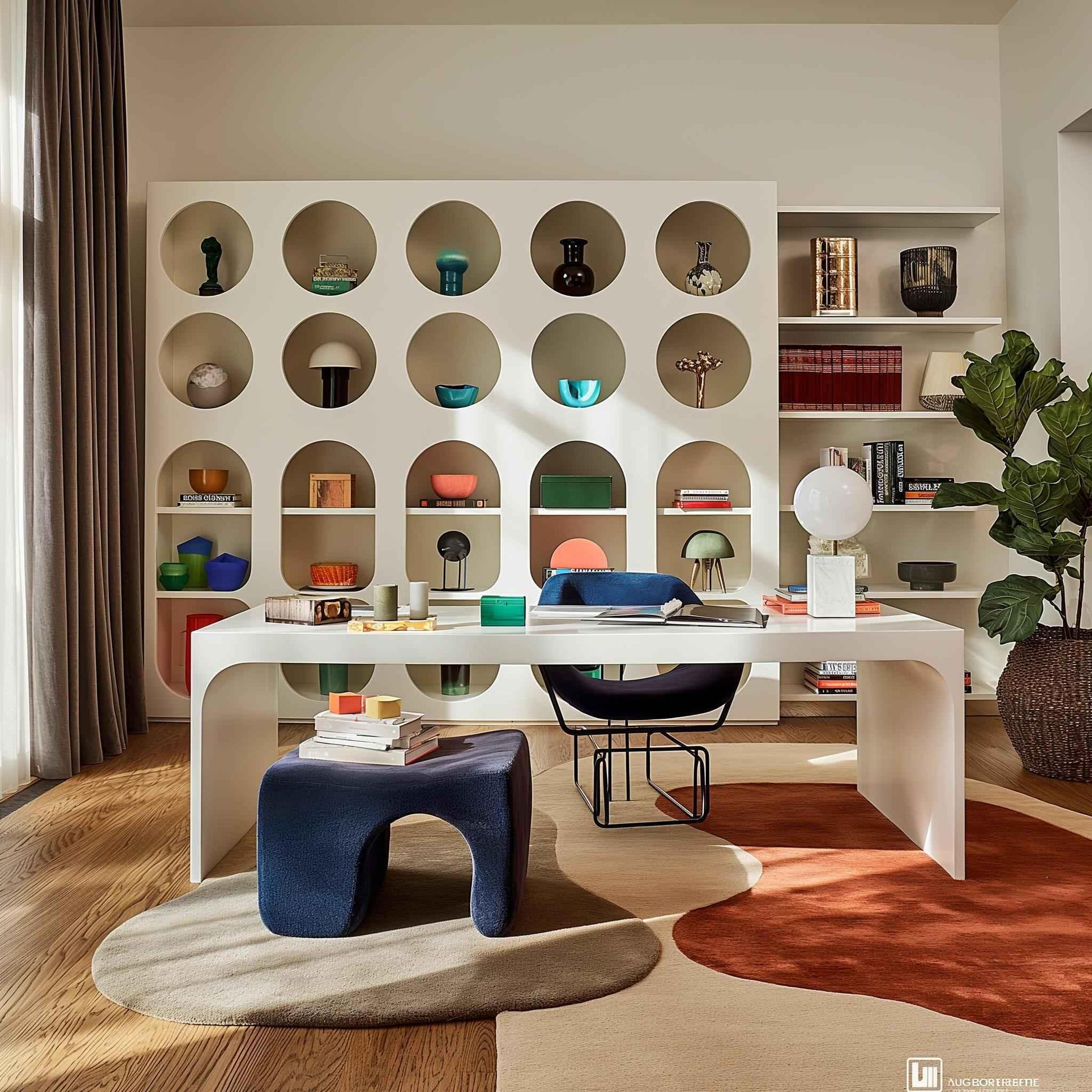 Modern home office with white desk, navy blue chair and ottoman, geometric rug, and decorative shelving