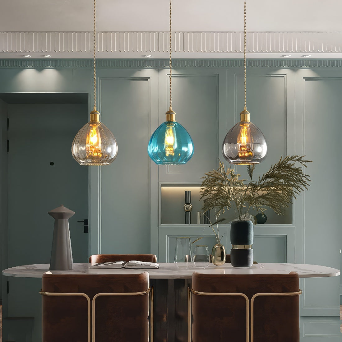 Nice table,chairs and beautiful bulbs suspended over gray background
