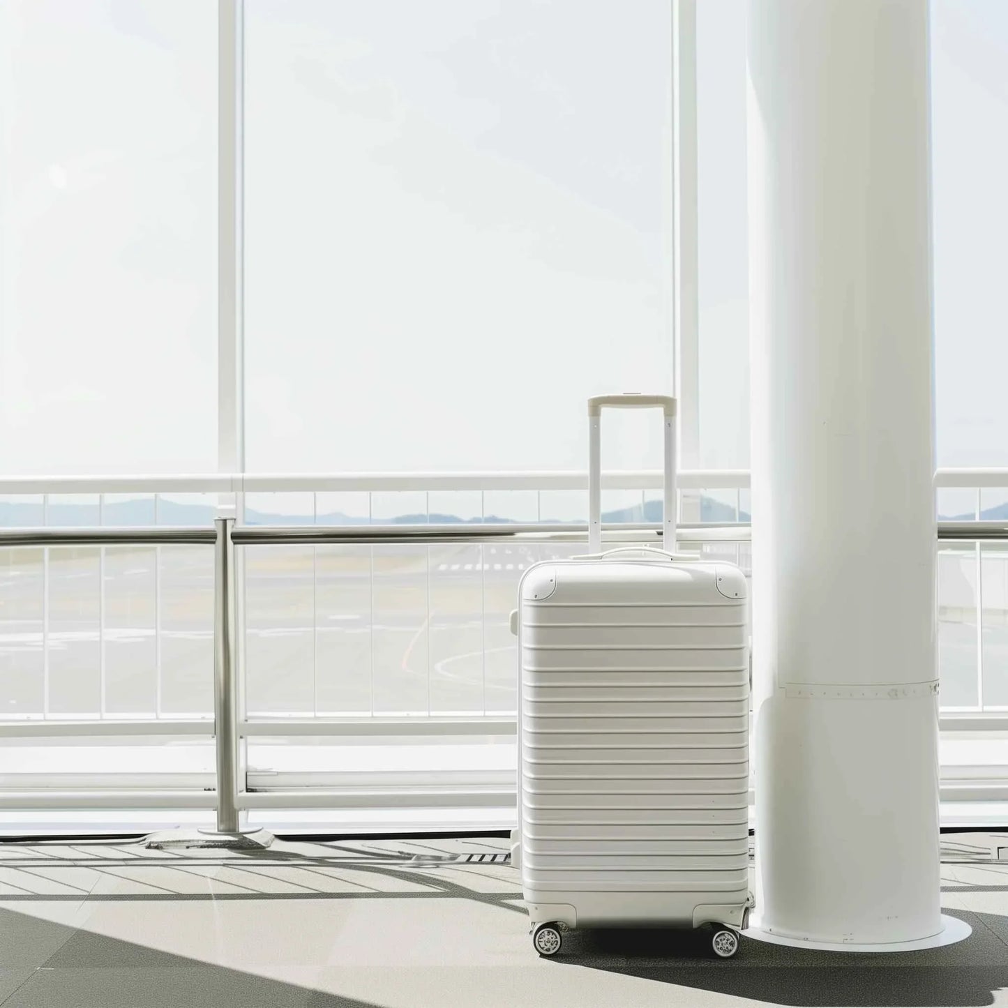 White hard-shell suitcase with wheels and handle standing by white pillar in bright modern airport terminal