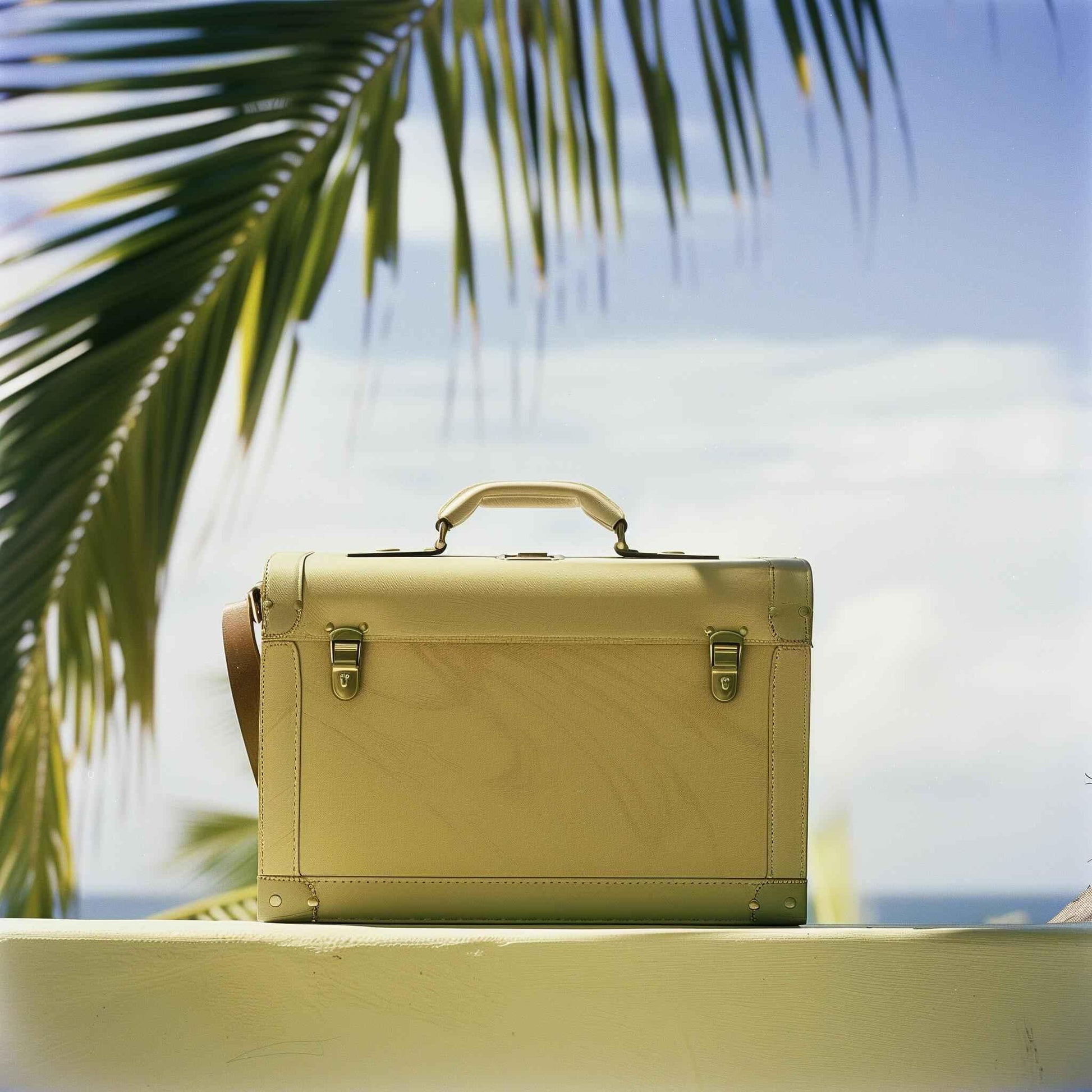 Beige leather briefcase with handle and clasps on a ledge under palm leaves and blue sky