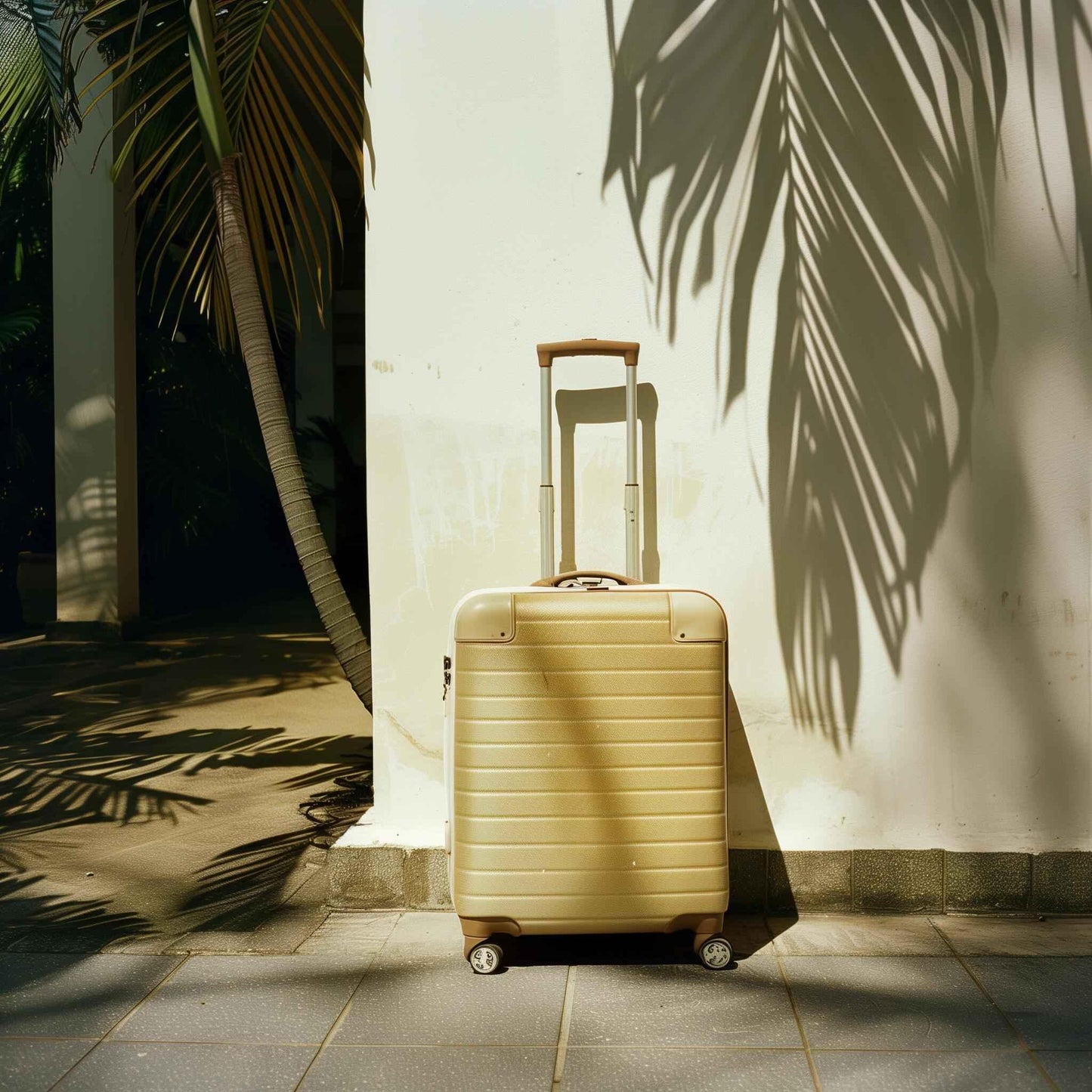 Beige hard-shell suitcase with wheels leaning against a sunlit wall with palm tree shadows