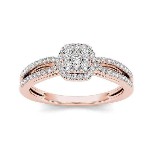 Rose gold diamond engagement ring with split shank and square halo setting