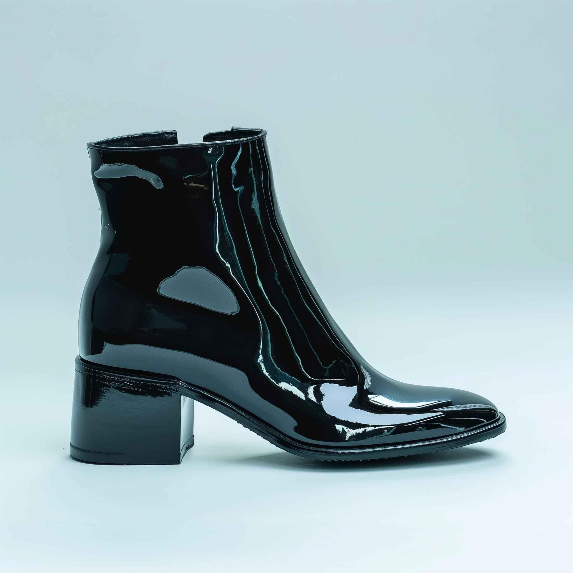 Black patent leather ankle boot with block heel on light blue background