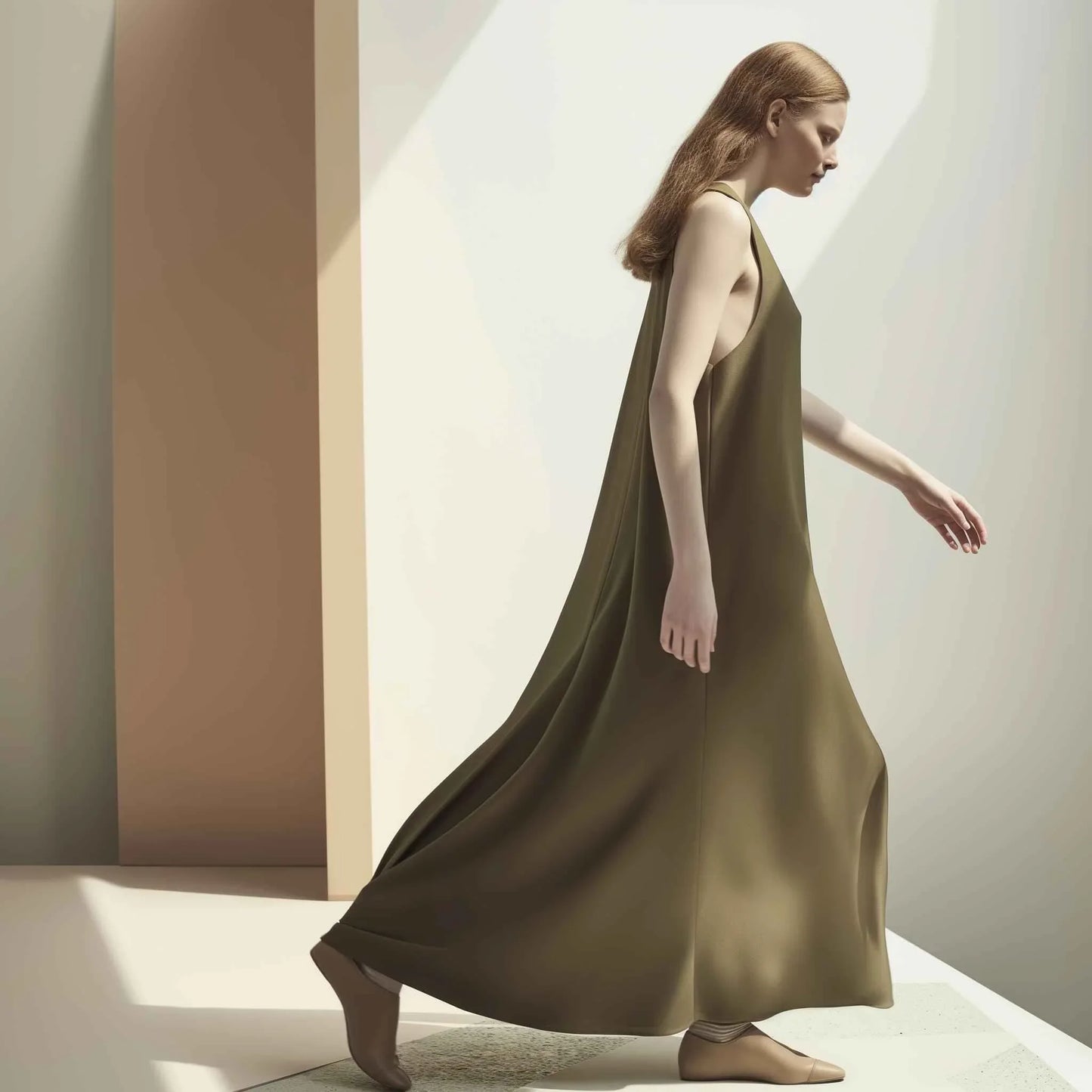 Woman in a flowing olive green sleeveless maxi dress walking in a minimalistic bright room