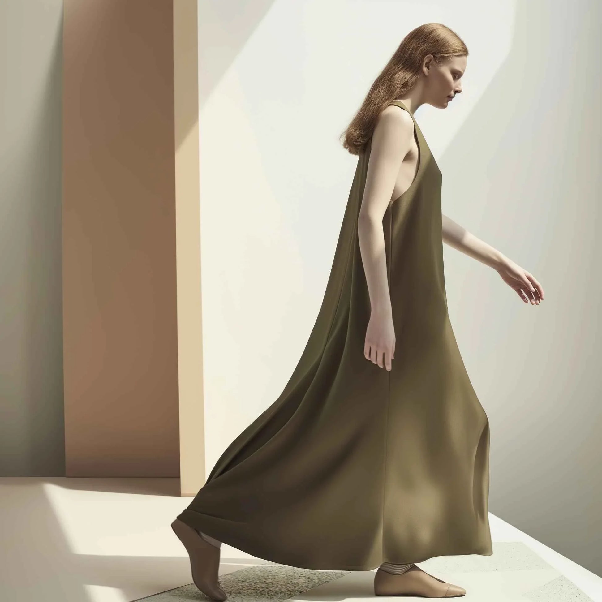 Woman in a flowing olive green sleeveless maxi dress walking in a minimalistic bright room